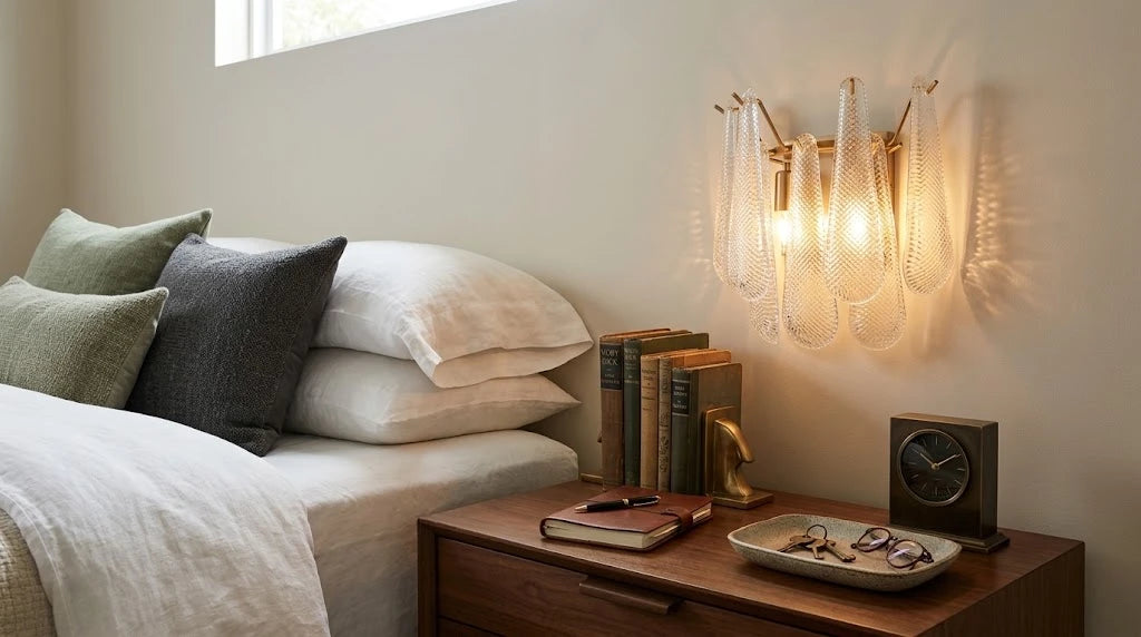 Illuminated Modern Brass Wall Sconce in Bedroom Interior