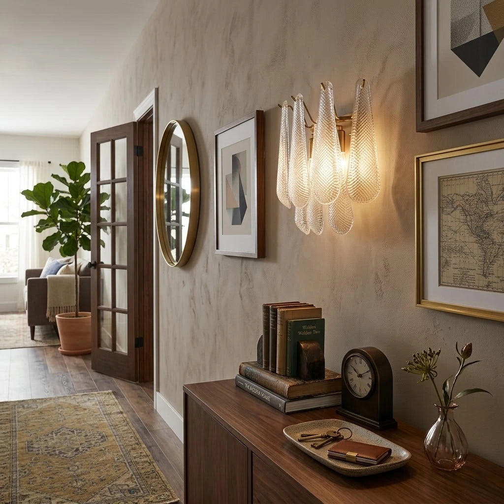 Illuminated Modern Ice Glass Wall Sconce in Hallway Foyer