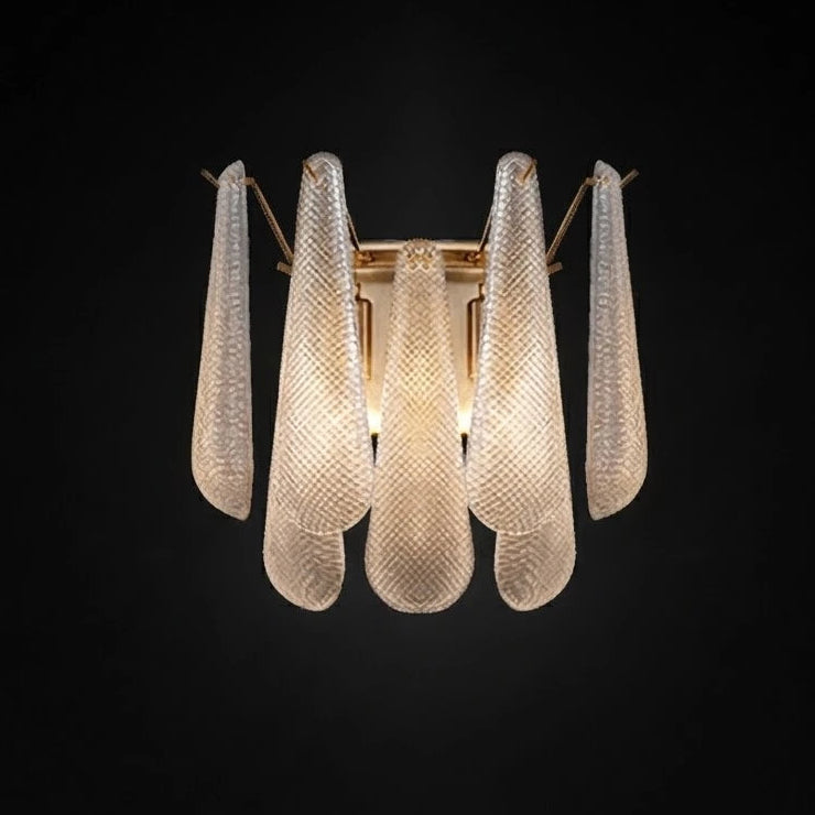 Illuminated Modern Brass and Ice Glass Wall Sconce Studio Shot
