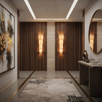 Pair of Tiered Alabaster Wall Sconces Flanking Hallway Entrance