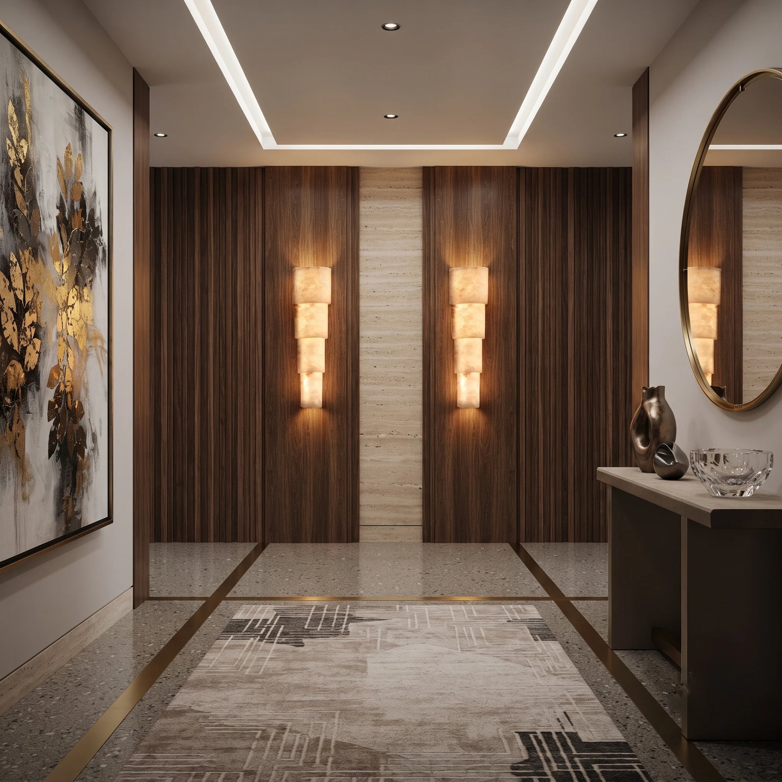 Pair of Tiered Alabaster Wall Sconces Flanking Hallway Entrance