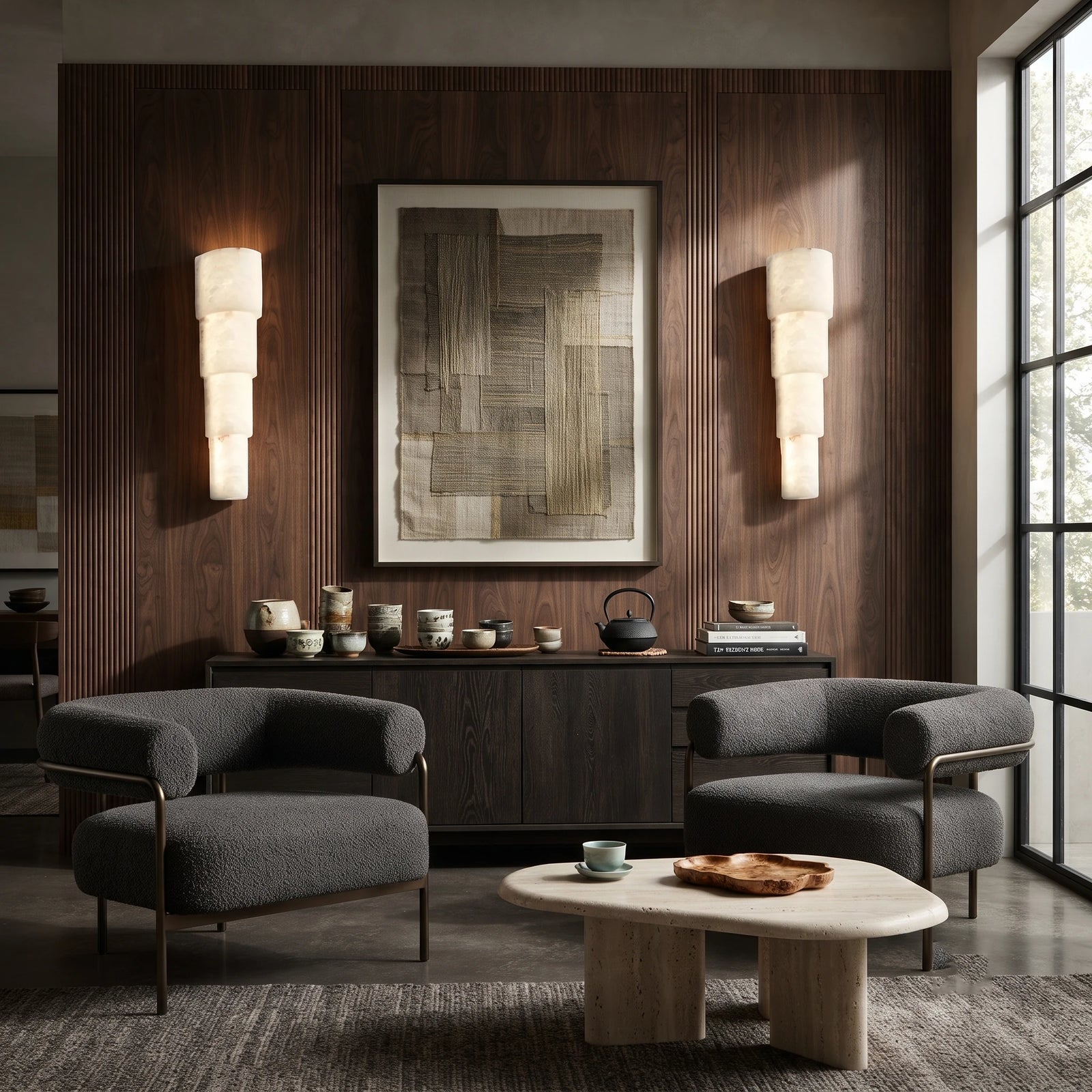 Pair of Tiered Alabaster Sconces Flanking Living Room Credenza