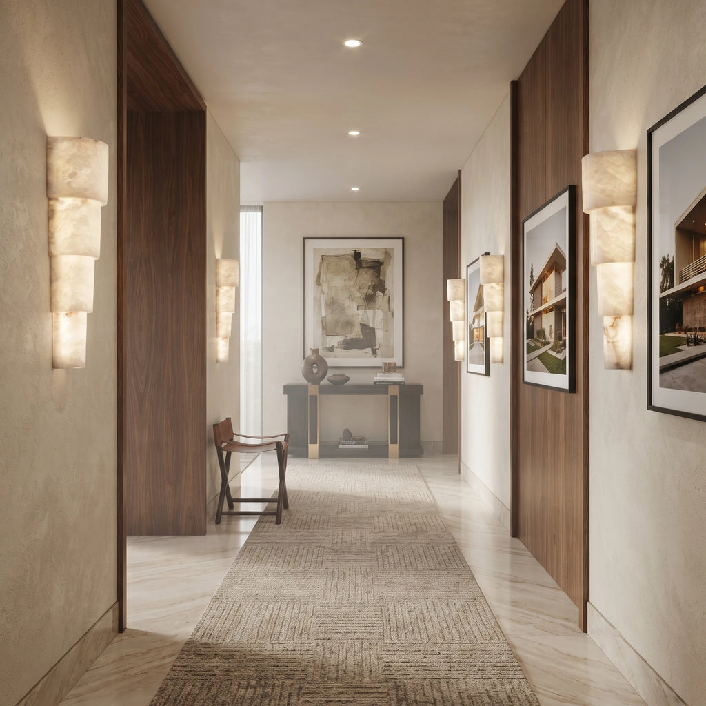 Row of Modern Tiered Alabaster Sconces Flanking Long Hallway