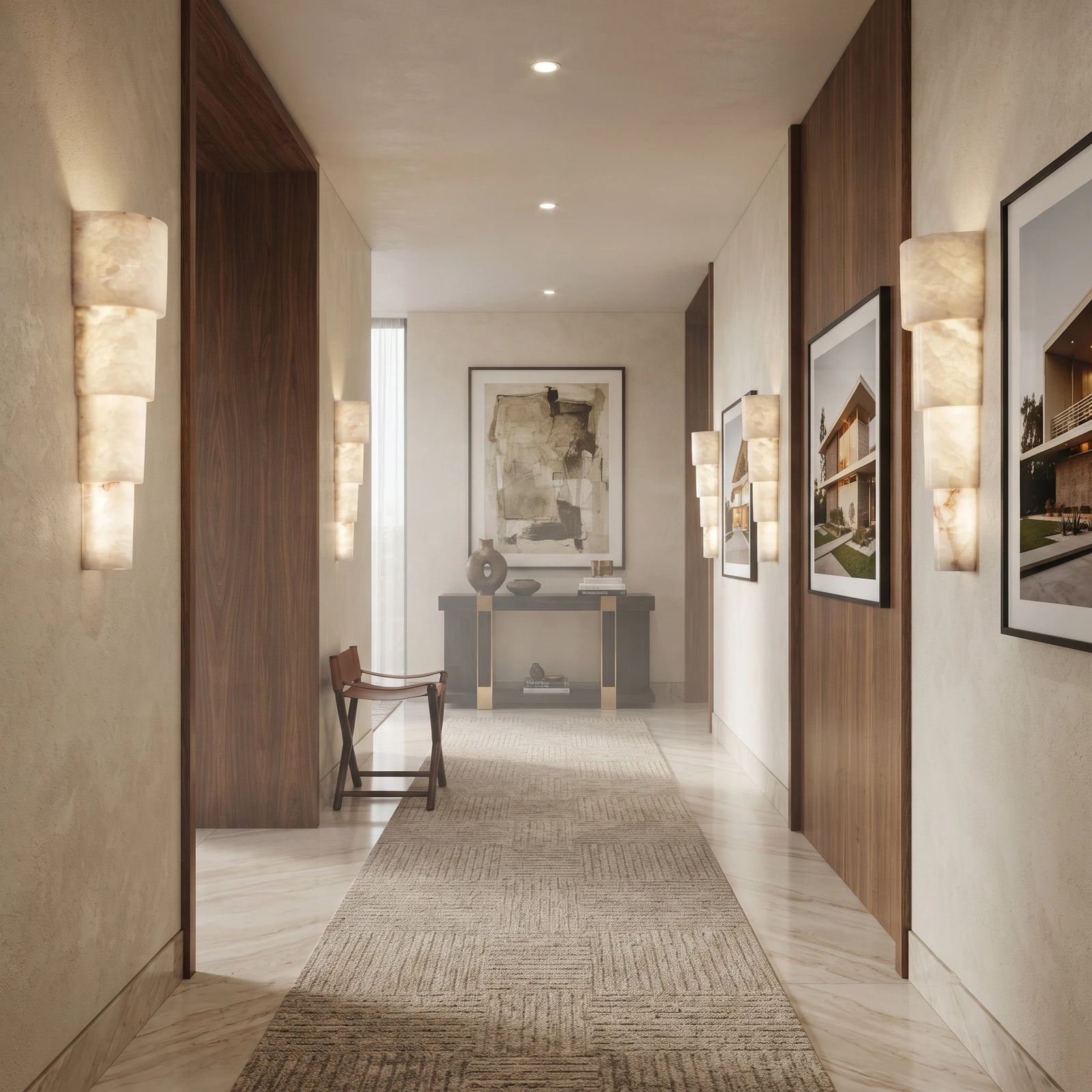 Row of Modern Tiered Alabaster Sconces Flanking Long Hallway