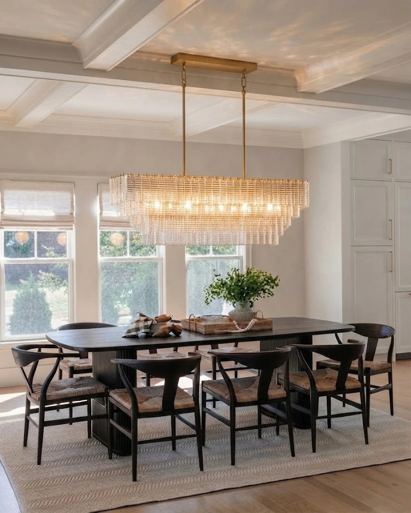 Modern Multi-Tier Crystal Rod Linear Chandelier in Classic Dining Room