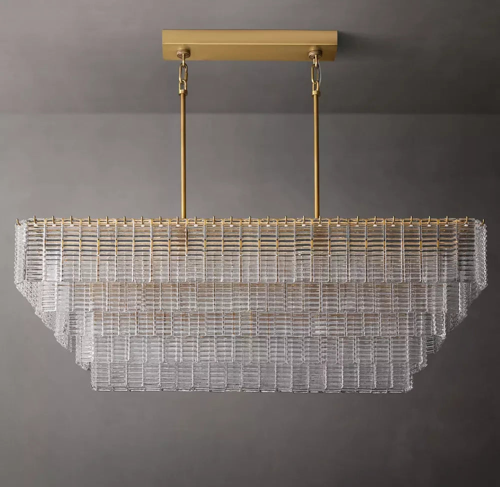 Front View of Modern Multi-Tier Crystal Rod Linear Chandelier Studio Shot