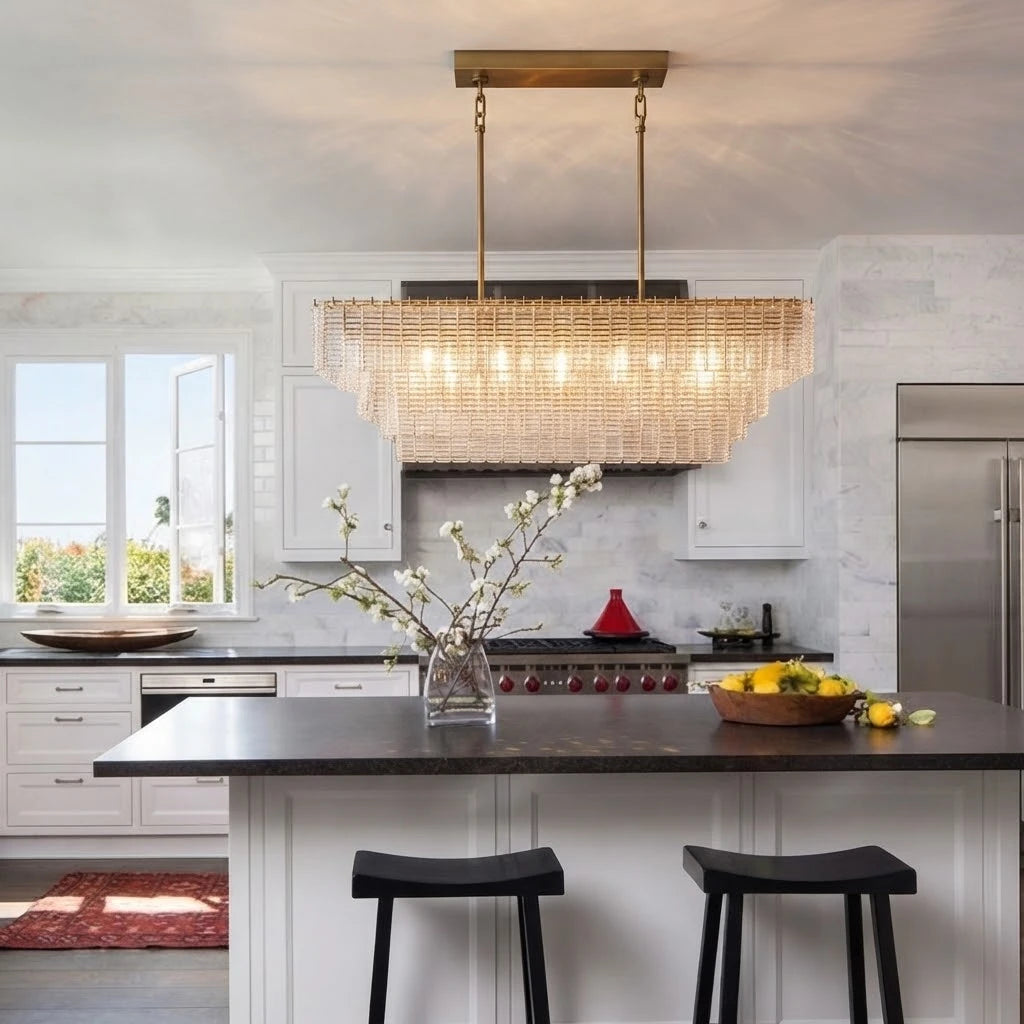 Modern Crystal Rod Linear Pendant Light Over Kitchen Island