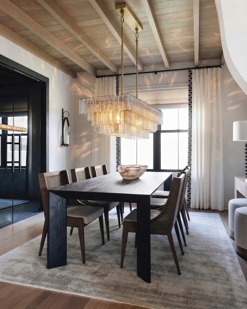 Modern Multi-Tier Crystal Rod Chandelier in Luxury Dining Space