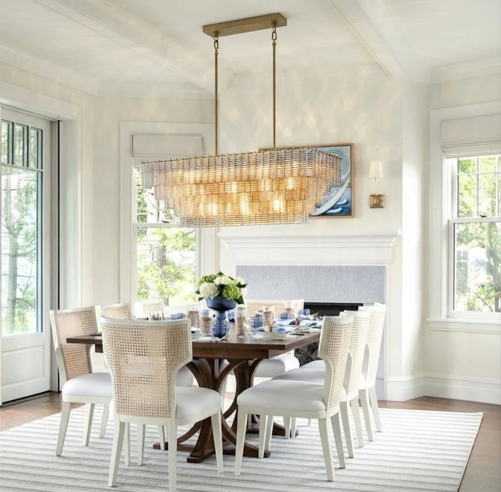 Modern Crystal Rod Linear Chandelier in Bright Dining Area