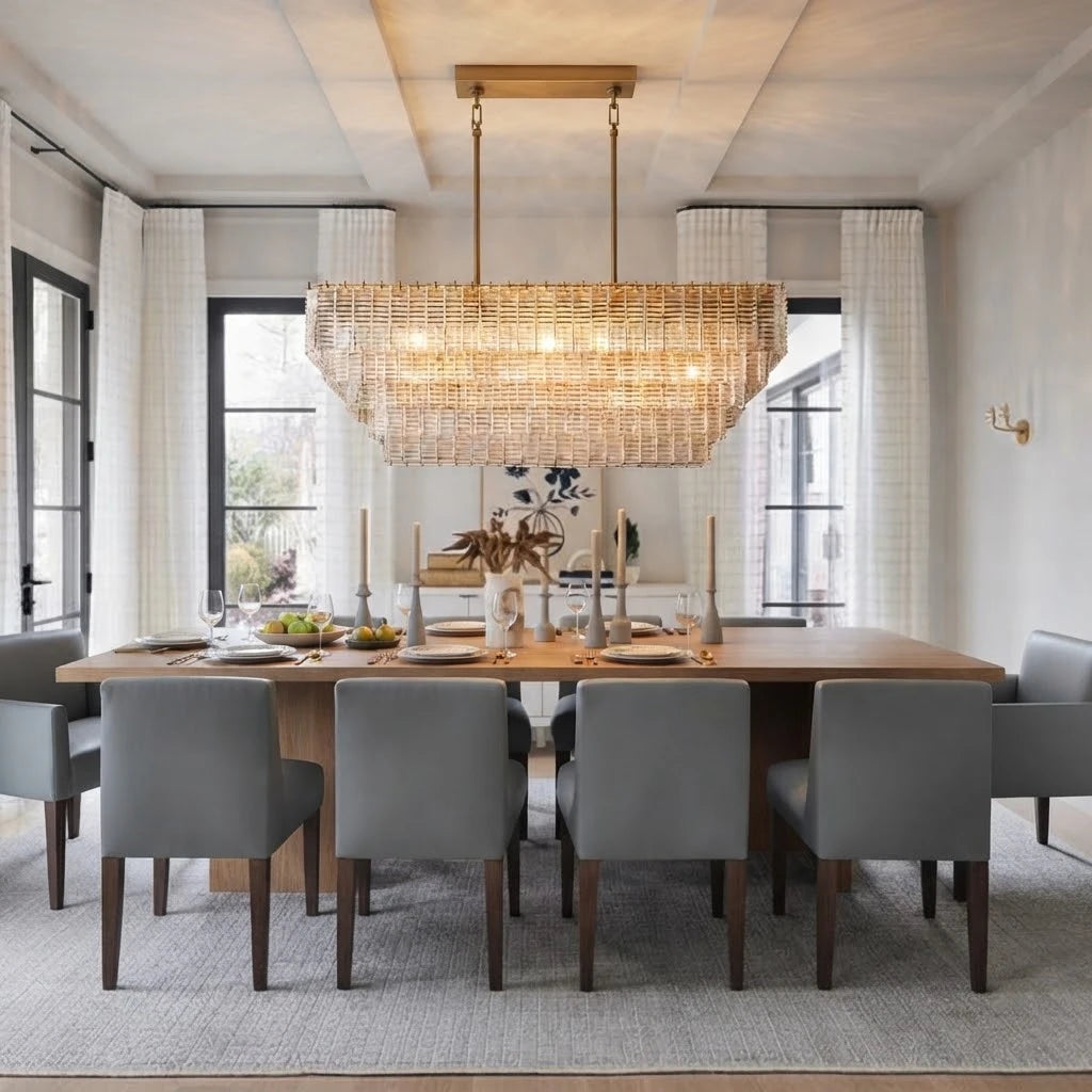 Modern Multi-Tier Crystal Rod Linear Chandelier in Elegant Dining Setting