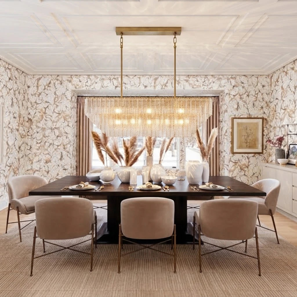 Modern Multi-Tier Crystal Rod Chandelier in Open Plan Dining Room