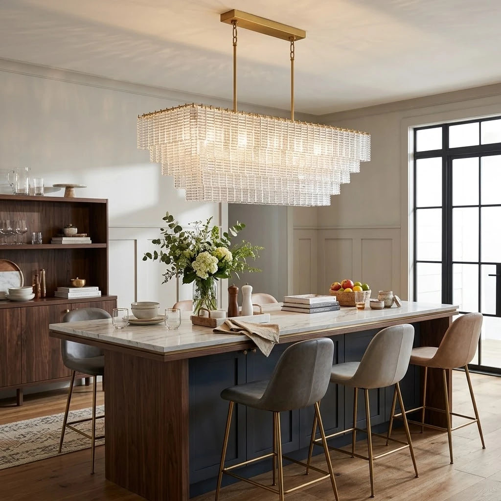 Modern Crystal Rod Linear Chandelier Over Breakfast Bar