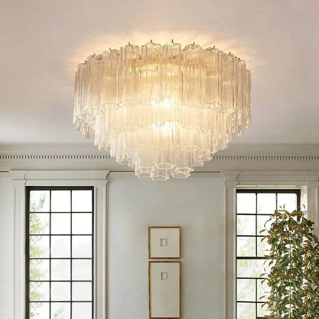 Modern Multi-Tier Crystal Flush Mount Ceiling Light in Bright Dining Space