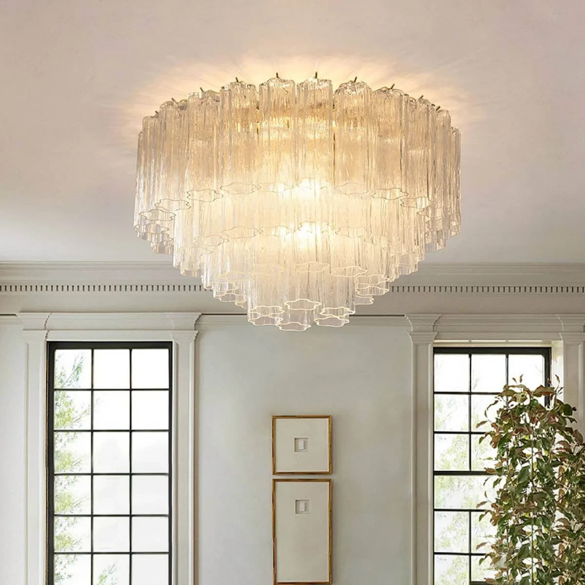 Modern Multi-Tier Crystal Flush Mount Ceiling Light in Bright Dining Space