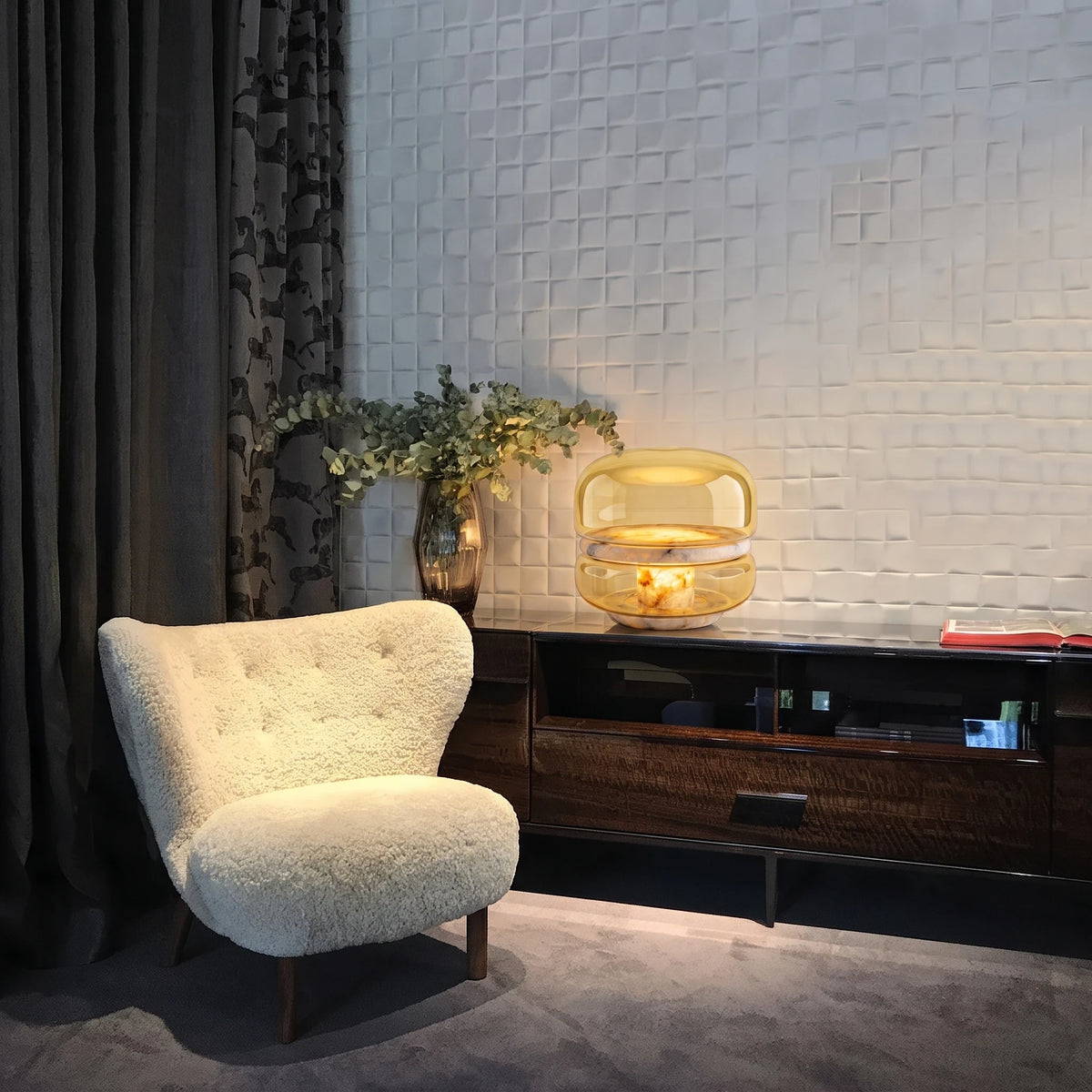 Contemporary Glass Table Lamp on Living Room Credenza