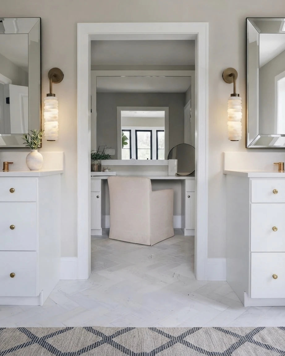Modern Natural Material Vanity Light Over Bathroom Mirrors