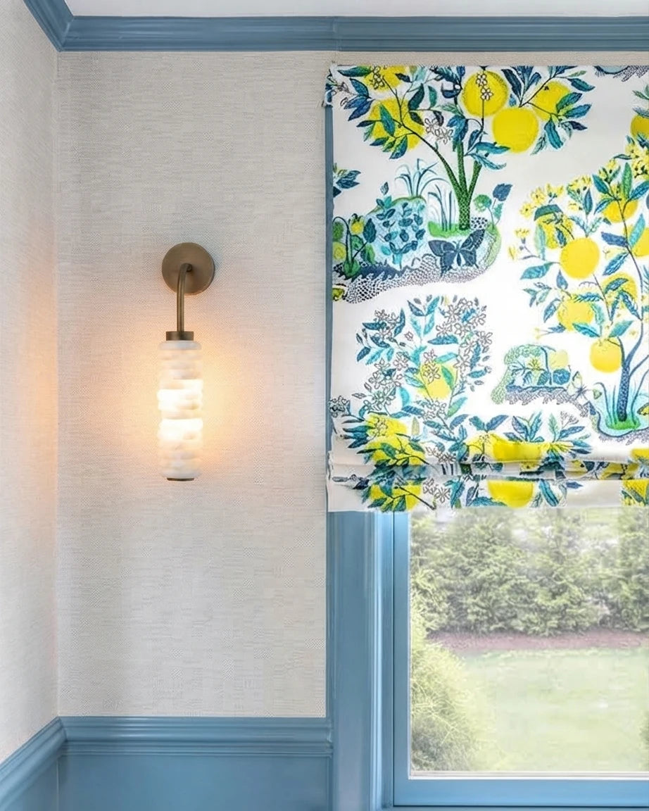 Modern Capiz Shell Wall Sconce Beside Window and Drapes