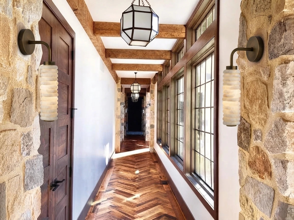 Modern Capiz Shell Wall Sconce Along Stone Hallway Corridor