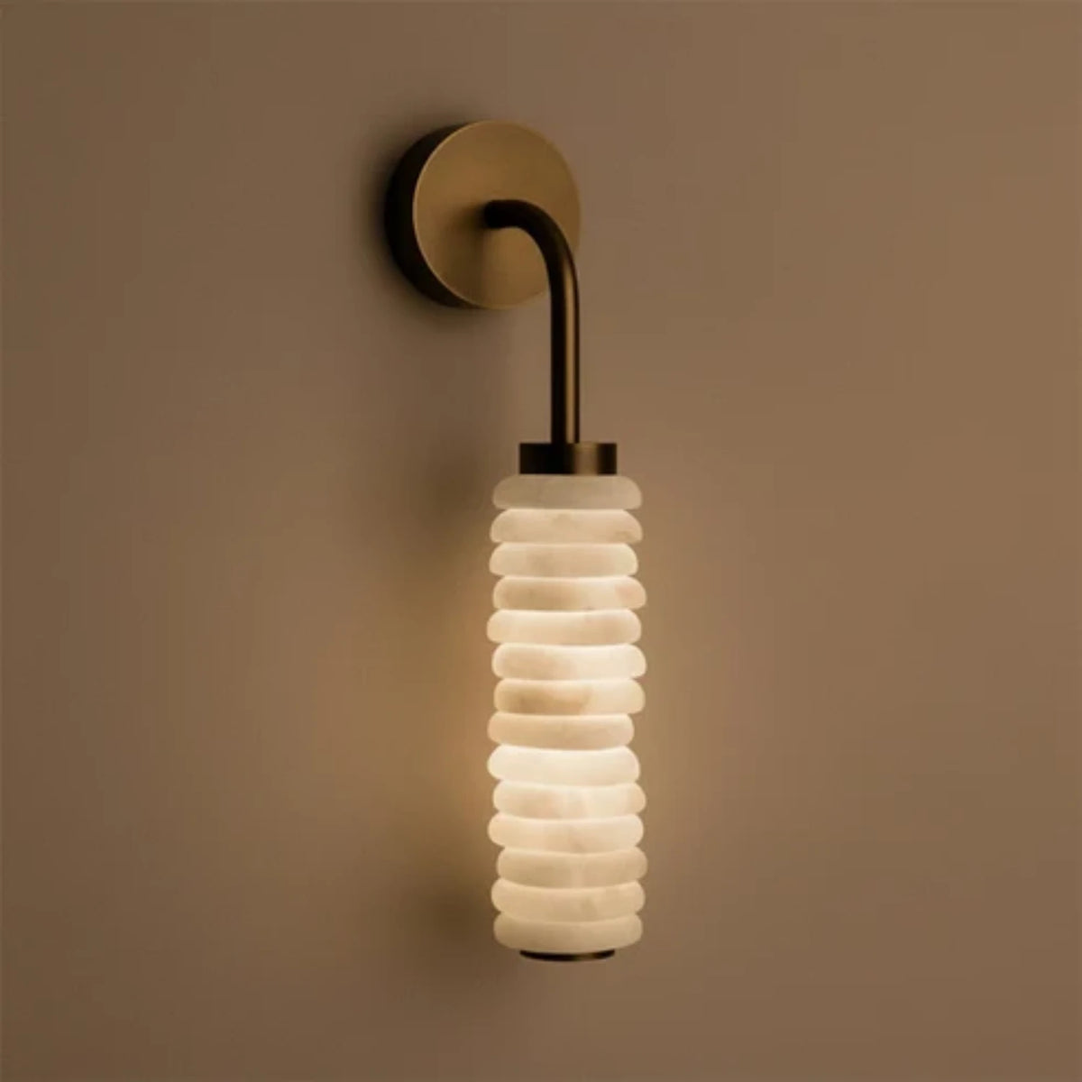 Illuminated Modern Single-Tube Capiz Shell Wall Sconce on Dark Background