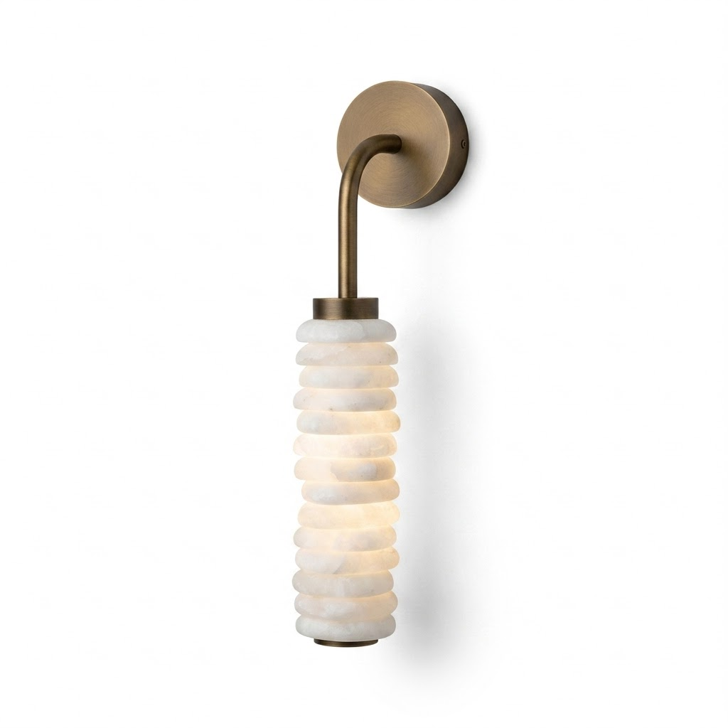 Totem Alabaster Wall Lamp isolated white background, ribbed cylinder natural alabaster brass wall sconce