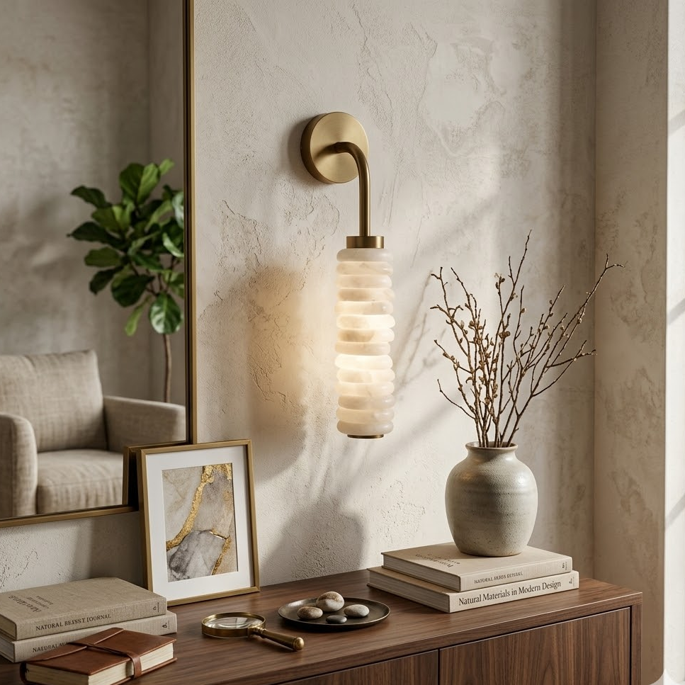 Totem Alabaster Wall Lamp lighting entry console table beside potted plant