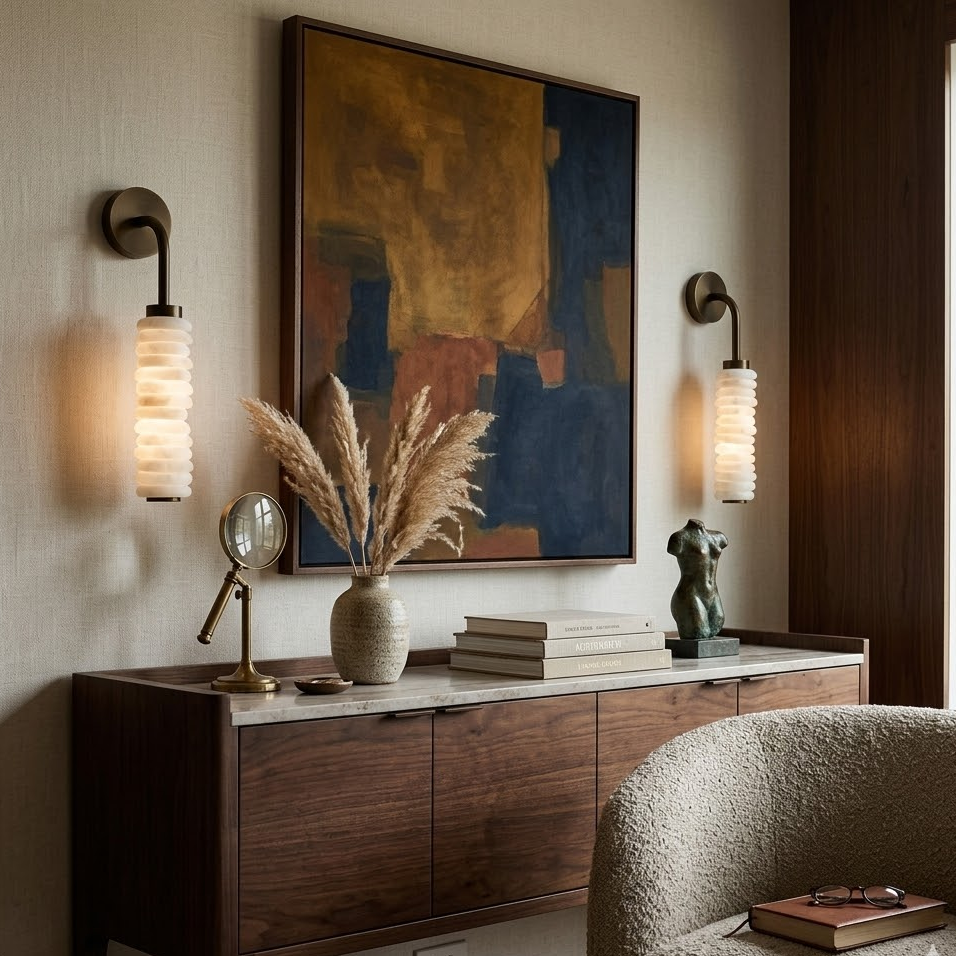 Two Totem Alabaster Wall Sconces above wooden sideboard contemporary lounge space