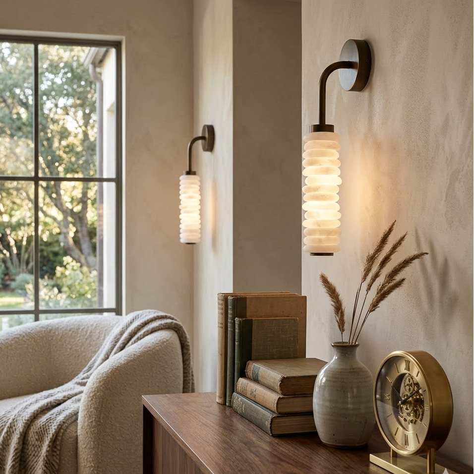 Pair of Totem Alabaster Wall Lamps beside window neutral tone living room decor