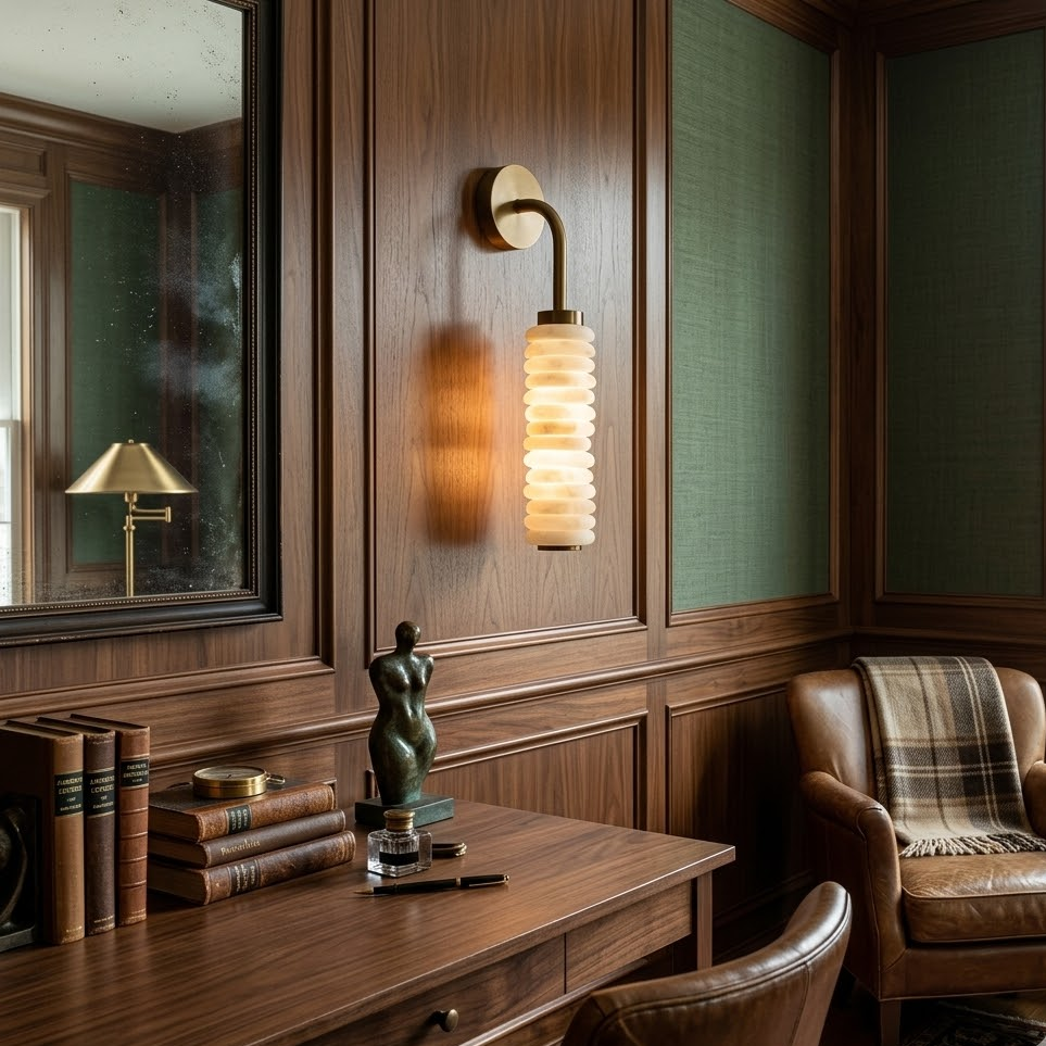 Lit Totem Alabaster Wall Lamp mounted on wood panel study room traditional interior