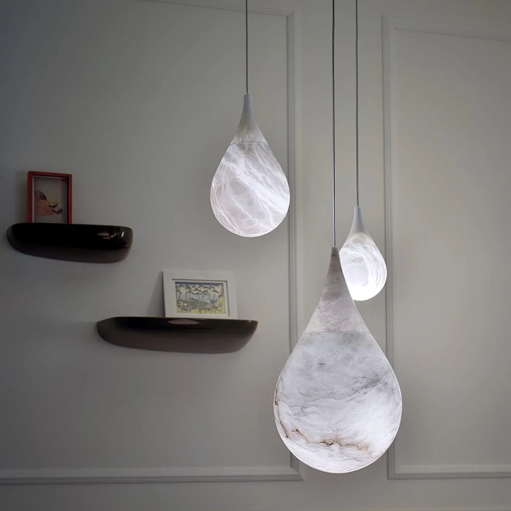 Modern Natural Marble Teardrop Pendant Lights in Minimalist Bedroom Setting