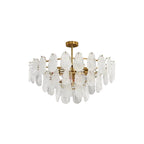 Modern Brass and Crystal Irregular Disc Art Glass Semi-Flush Mount Chandelier with Gold Canopy on Pure White Background