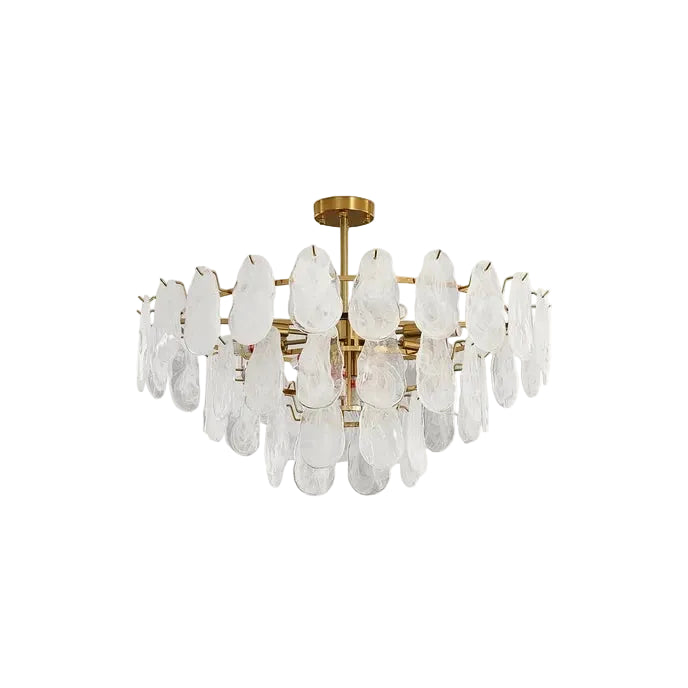 Modern Brass and Crystal Irregular Disc Art Glass Semi-Flush Mount Chandelier with Gold Canopy on Pure White Background