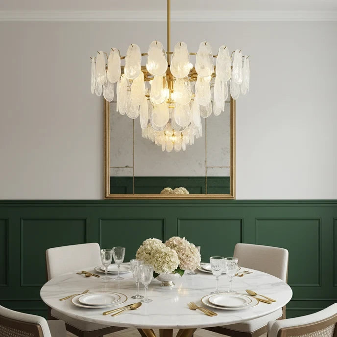 Modern Brass Crystal Irregular Disc Chandelier in Elegant Dining Area