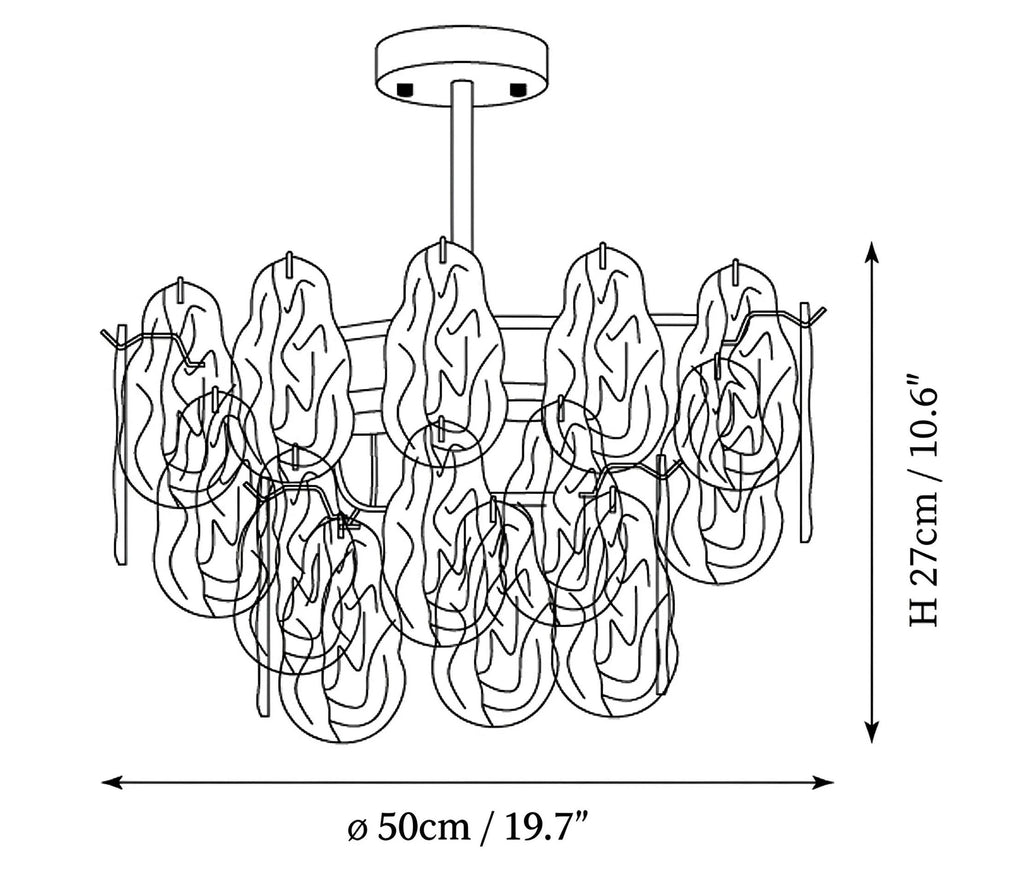 Modern Crystal Irregular Disc Art Glass Semi-Flush Mount Chandelier Line Art Dimension Diagram