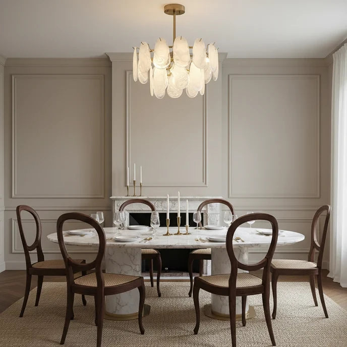Modern Brass Crystal Irregular Disc Chandelier in Formal Dining Room