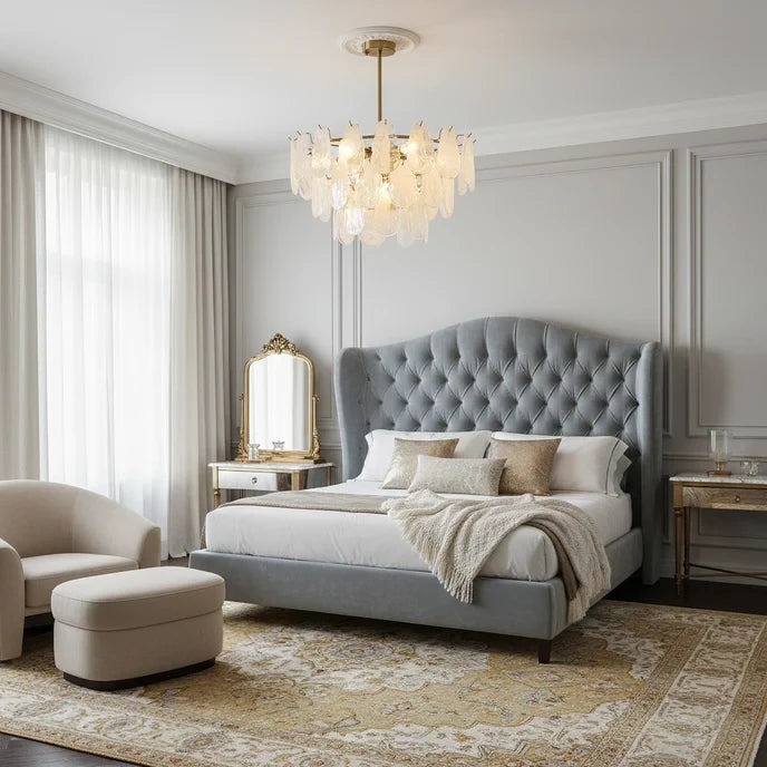Modern Crystal Irregular Disc Art Glass Chandelier in Master Bedroom Setting