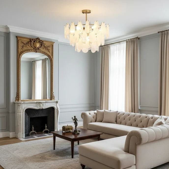 Modern Brass Crystal Irregular Disc Chandelier in Contemporary Living Space