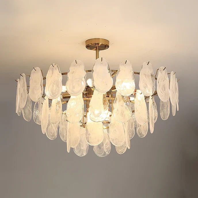 Illuminated Modern Brass Crystal Irregular Disc Chandelier Studio Shot