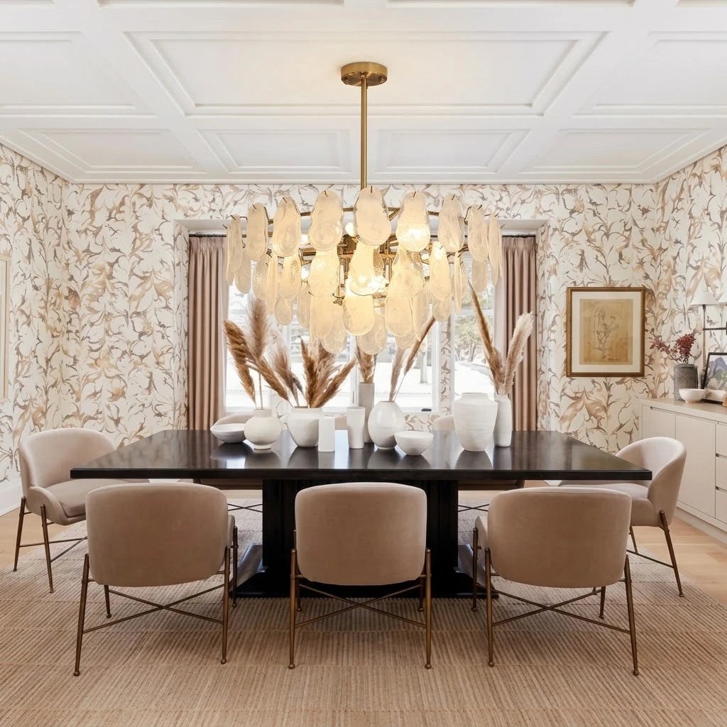 Modern Crystal Irregular Disc Art Glass Chandelier in Open Plan Dining Setting
