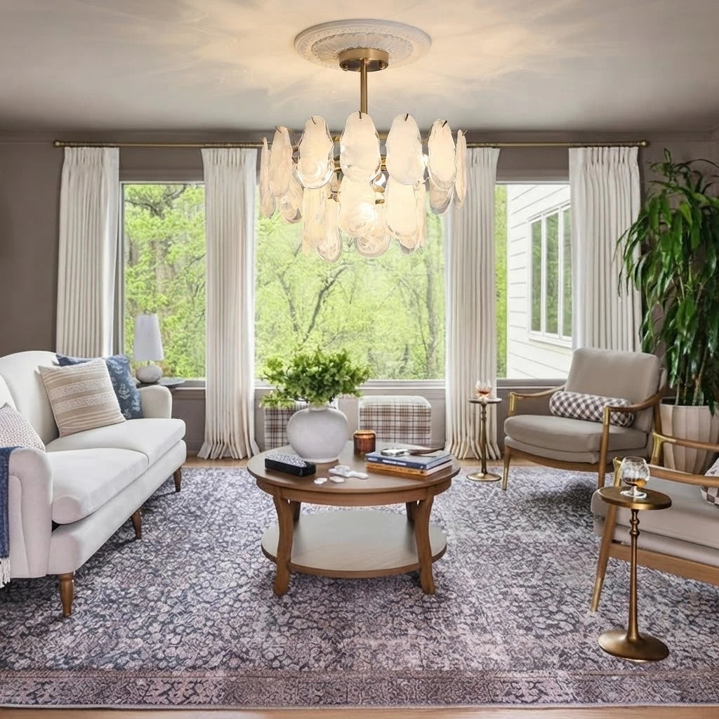 Modern Brass Crystal Irregular Disc Chandelier in Bright Living Room