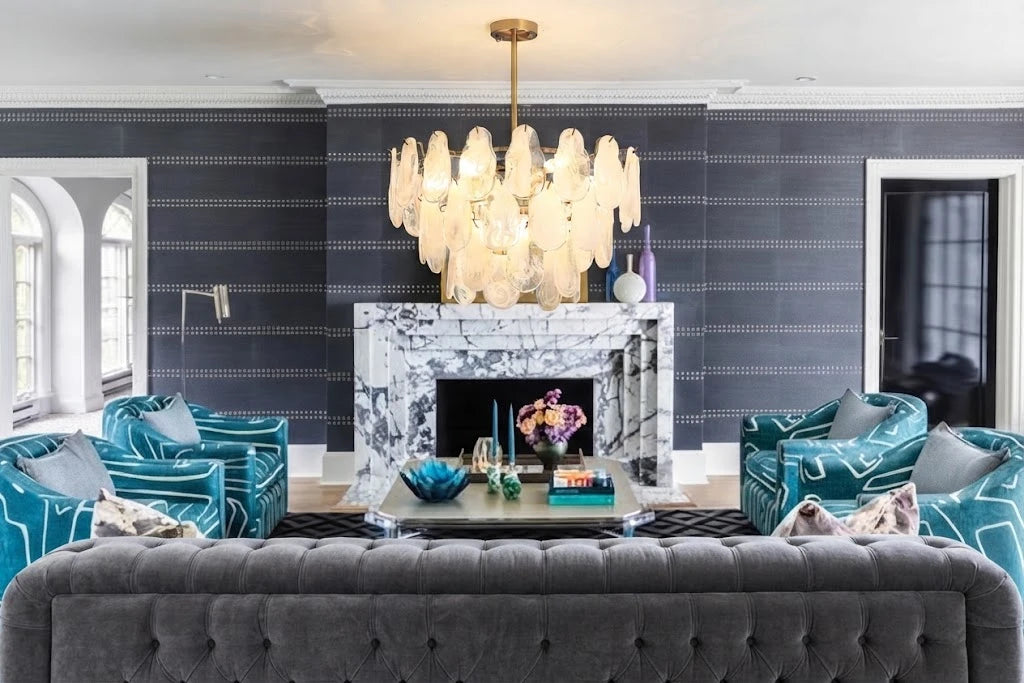 Modern Crystal Irregular Disc Art Glass Chandelier in Formal Living Room