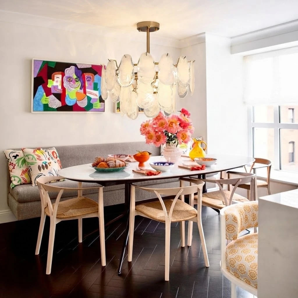 Modern Brass Crystal Irregular Disc Chandelier Over Dining Nook