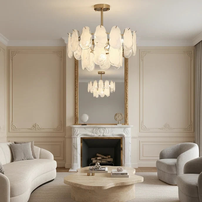 Modern Crystal Irregular Disc Art Glass Chandelier in Cozy Living Room