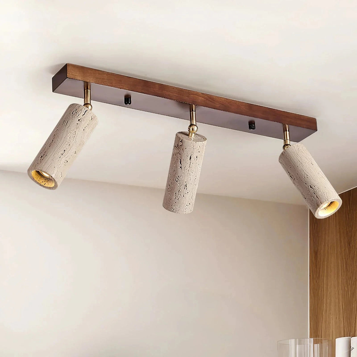 3 Light Travertine Ceiling Spotlight with Walnut Base Studio Display