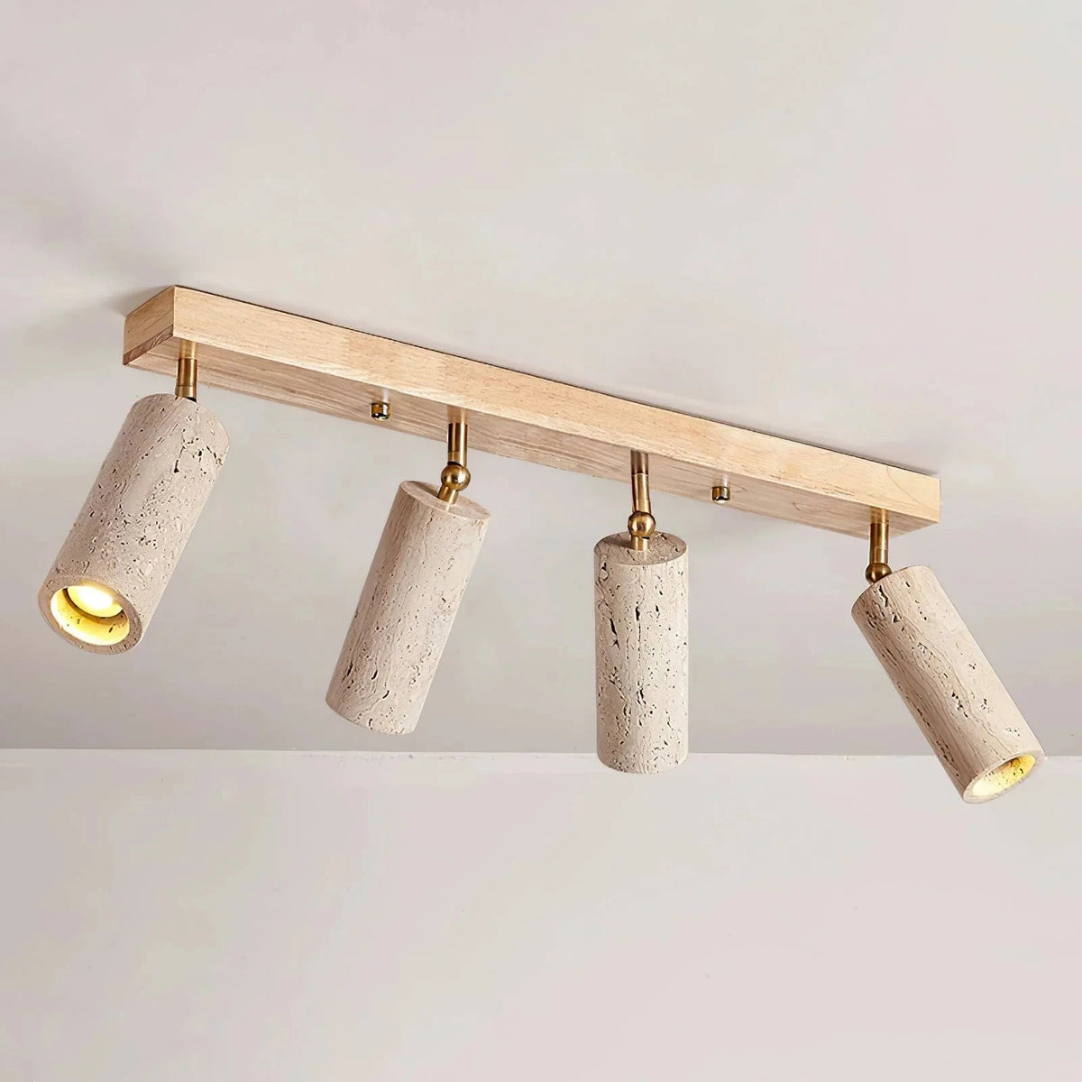 4 Light Travertine Ceiling Spotlight with Natural Wood Base Studio Display
