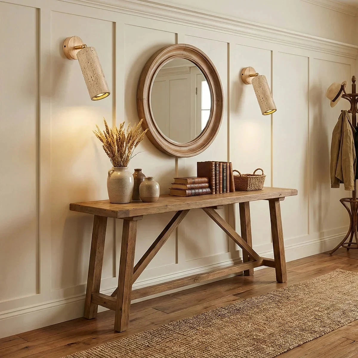 Pair of Travertine Wall Sconces Flanking Console Mirror