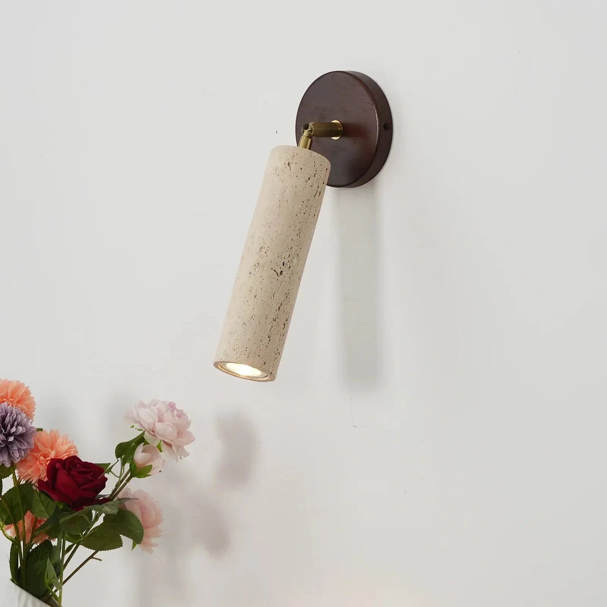 Adjustable Travertine Sconce with Walnut Base Studio Display