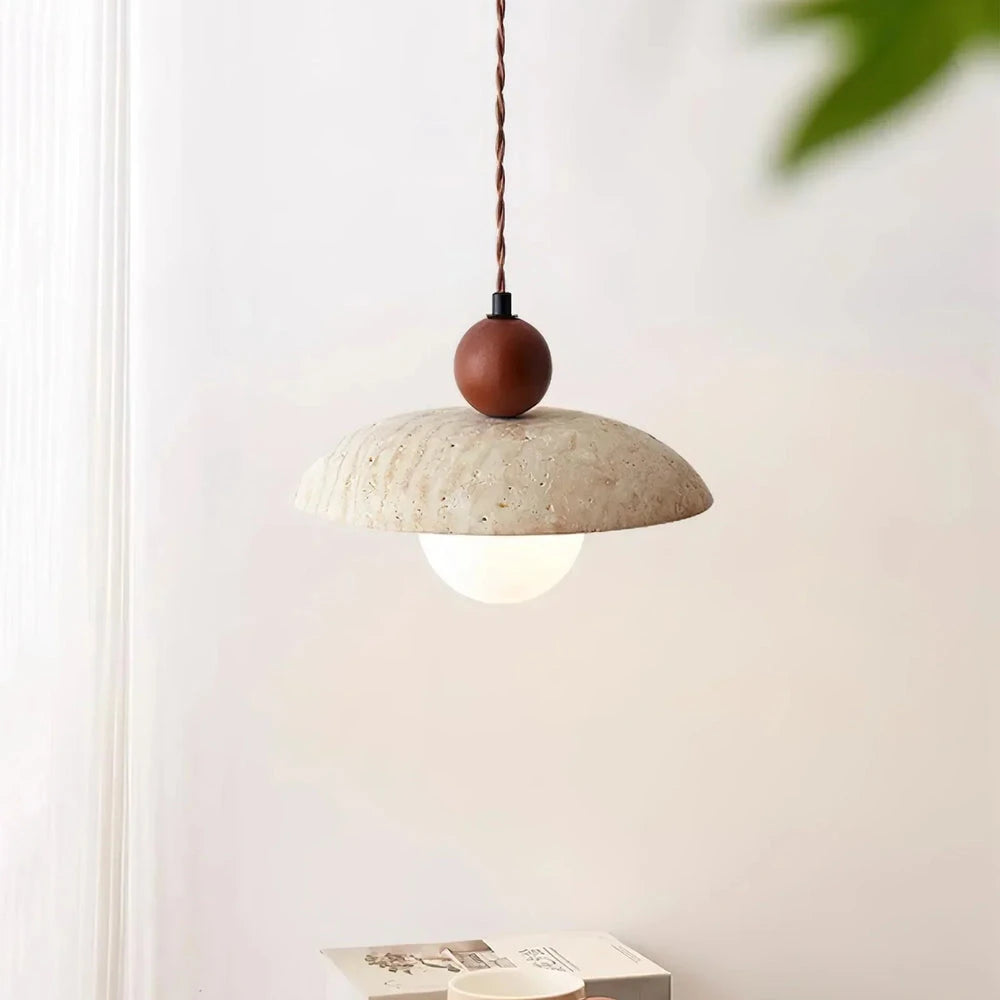 Travertine Disc Pendant Light Over Window Side Table