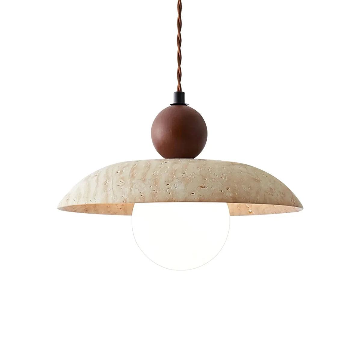 Modern Travertine Disc Pendant Light with Wooden Orb on Pure White Background