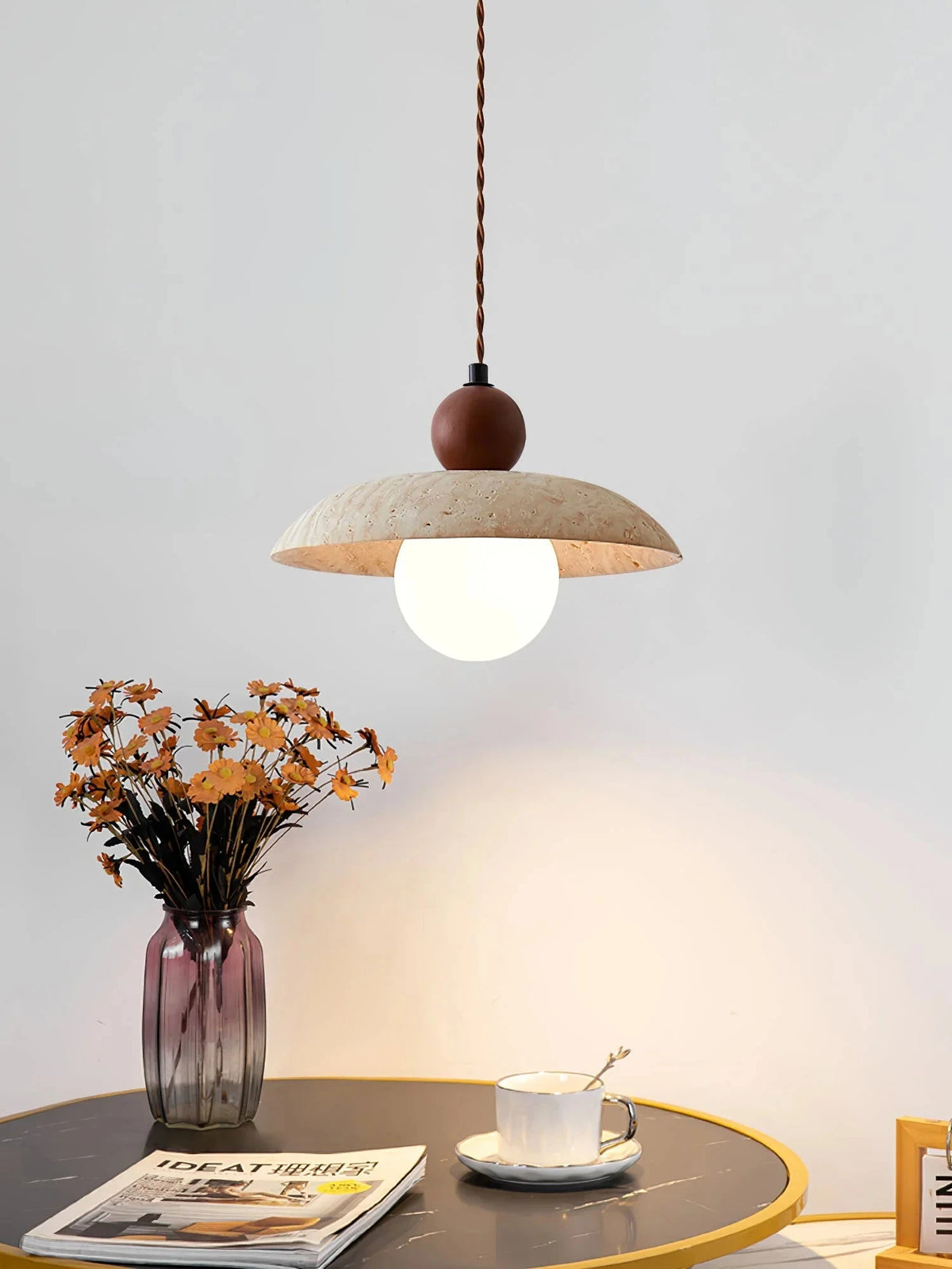 Japandi Travertine Pendant Lamp Over Living Room Side Table