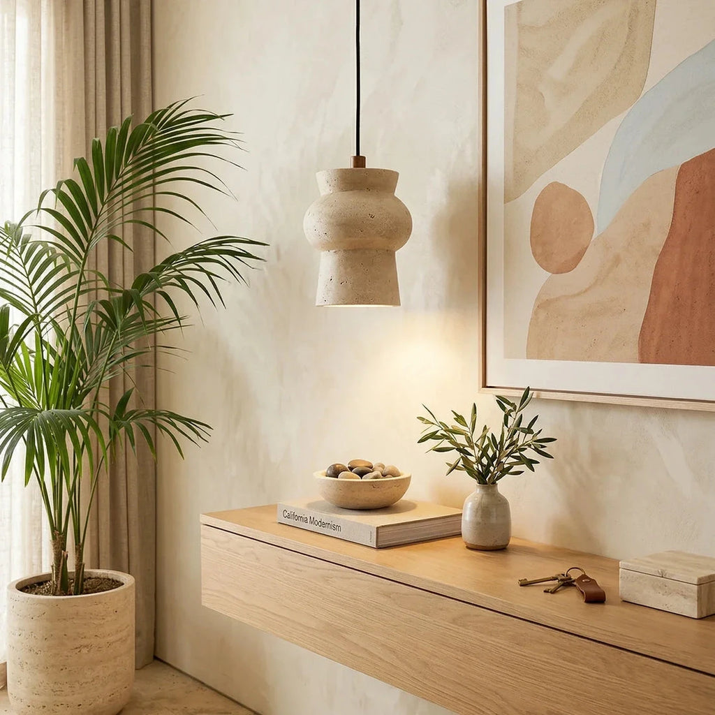 Wabi Sabi Travertine Pendant Lamp Over Hallway Credenza